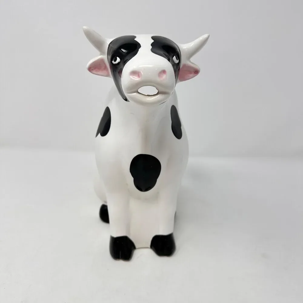 Vintage Cow Pitcher Ceramic Black White Holstein Milk Jug Vase Taiwan - READ